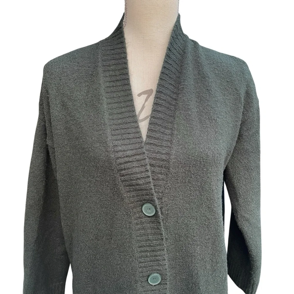 Oak + Fort Forest Green Mid-Length Button Up Cardigan Sweater (S) - Picture 5 of 14